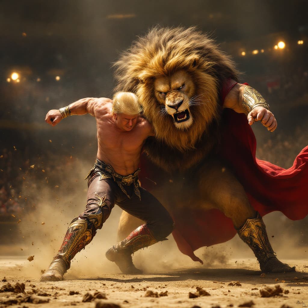 AI generated: Donald Trump gladiador, luchando contra un enorme león en la arena del circo romano