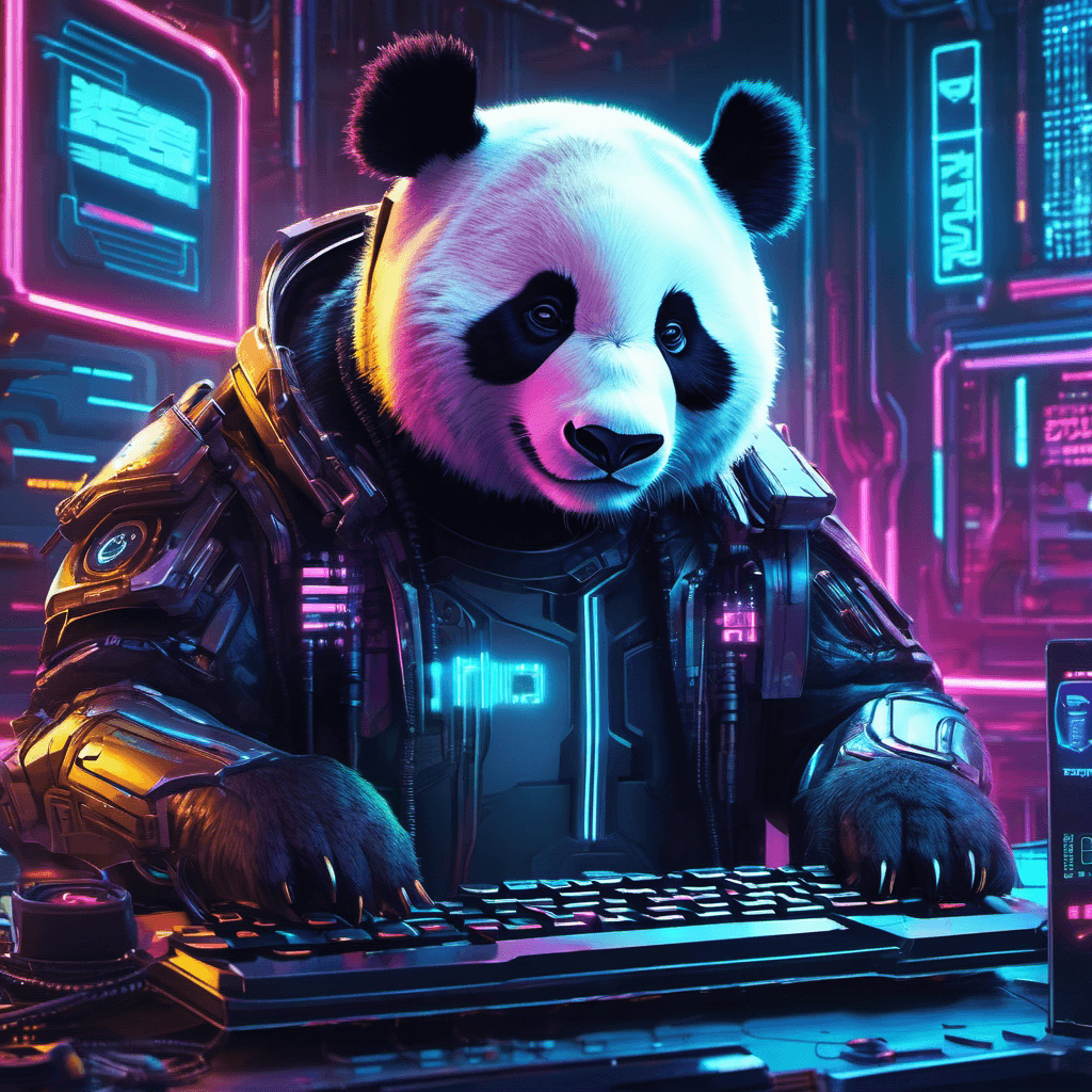 AI generated: close up illustration of a cybernetic panda in cyberpunk room typing, technology, neon, futuristic, ...