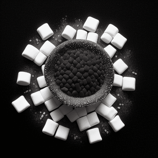 AI generated: High resolution photography; granulated white sugar on black background, marshmallows, jelly beans, ...
