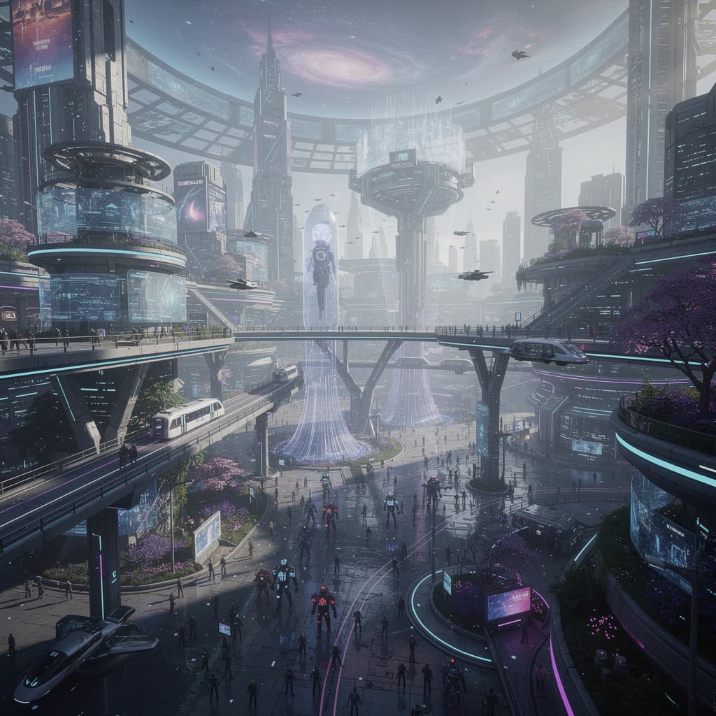 AI generated: Create an Advanced AI Futuristic Mega City. A Massive scaled city with artificial skies. It is the c...