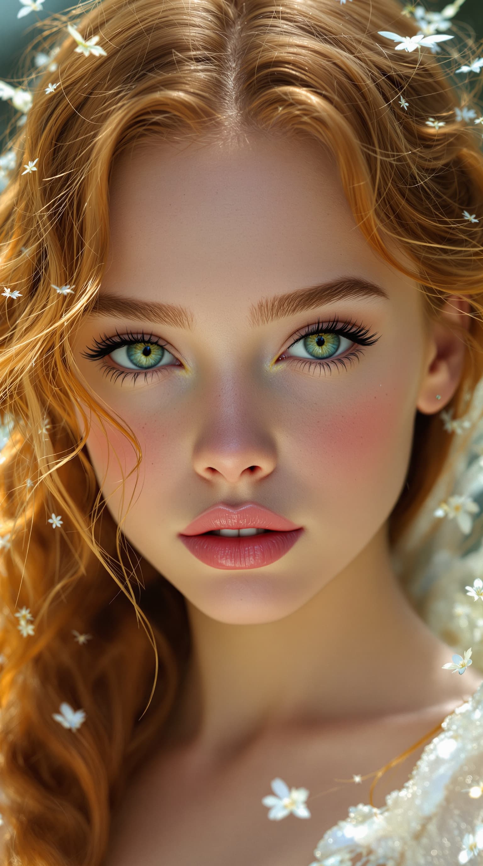 AI generated: A professional hyper-realistic portrayal of Elle Fanning, embodying the ethereal beauty, a adorned w...