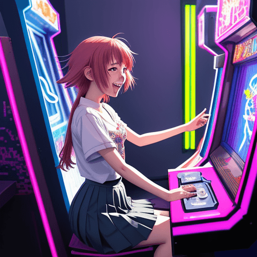 AI generated: Anime style girl in pleated skirt laughing while playing an arcade game in a neon lit arcade.  Pixel...