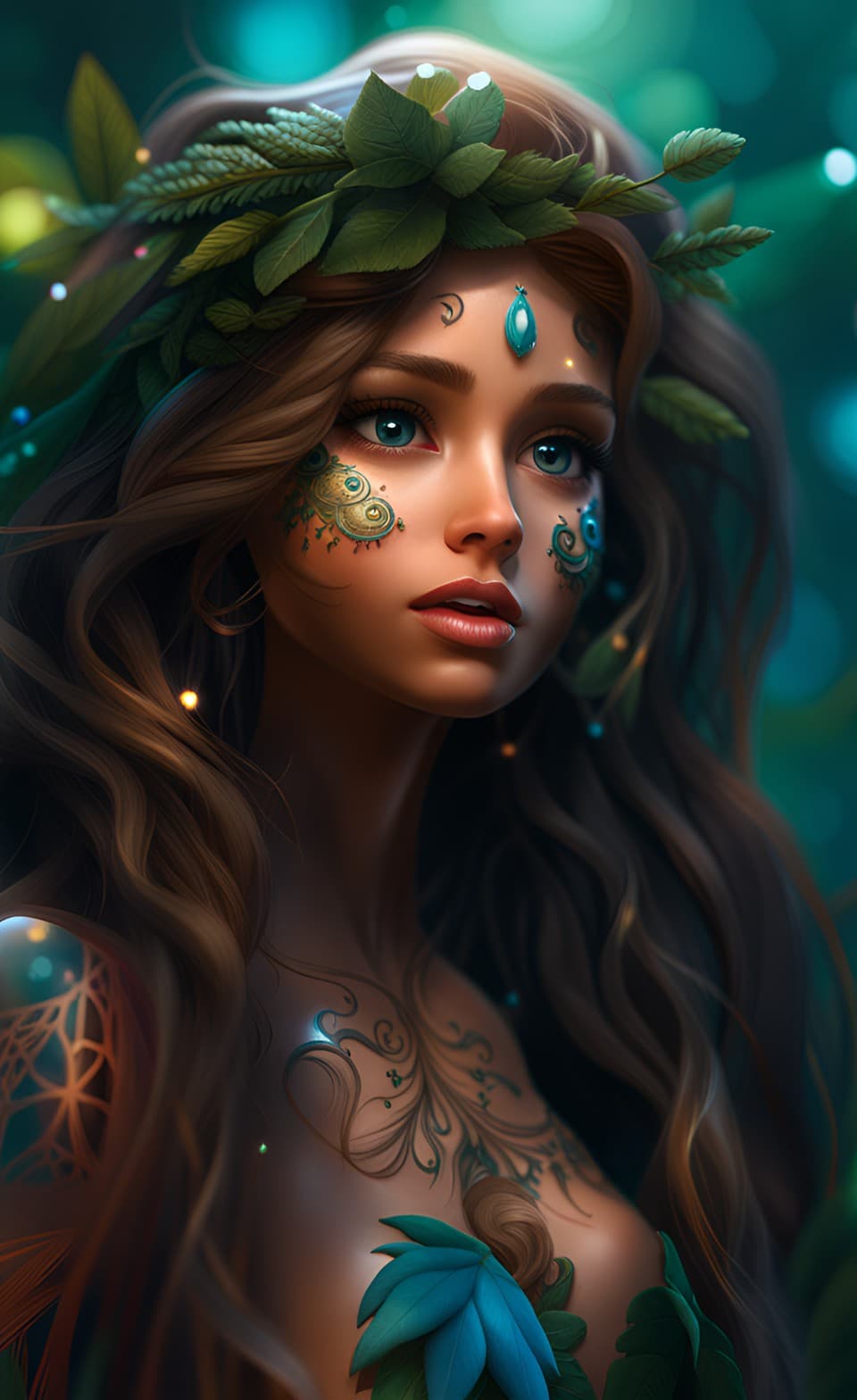 AI generated: portrait of an ancient magical forest spirit, concept art, tattoos, beautiful detailed face, long me...