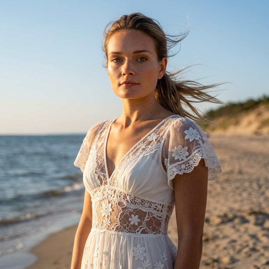 AI generated: a dark blond woman with ponytail hair slim waste, flat chest is standing in the beach, in the style ...