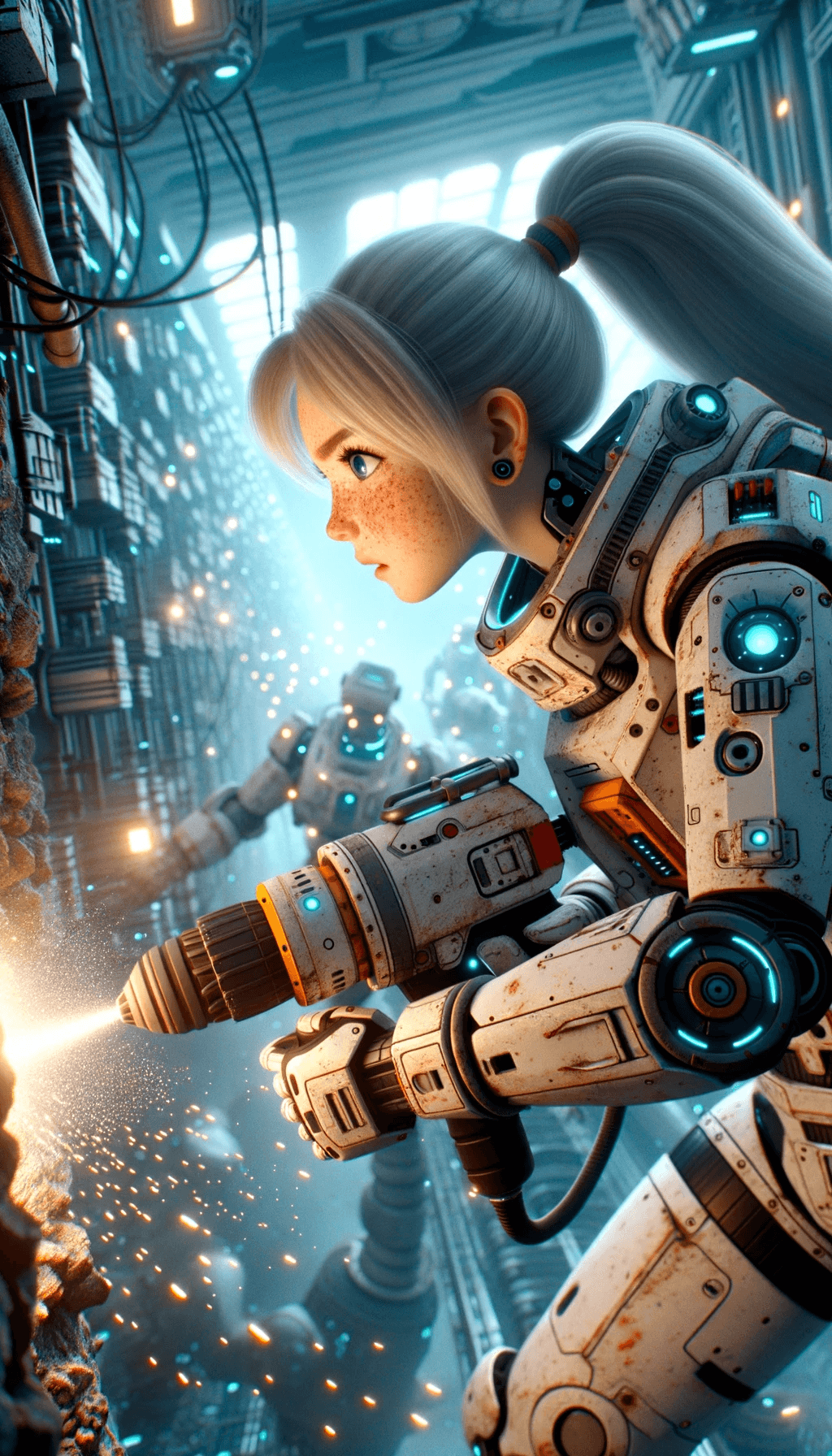AI generated: 2D Animation of a freckled woman with ponytailed blonde hair, in a mechanized exosuit. She's in a va...