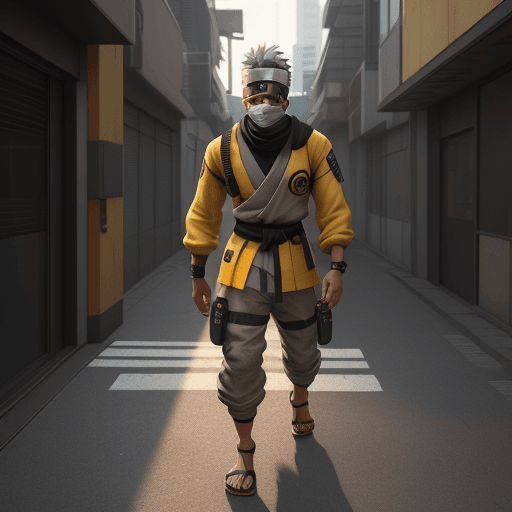 AI generated: Kakashi Sensei, brown version, tan, cyberpunk, exterior, street, bright yellow, walking, hyperrealis...
