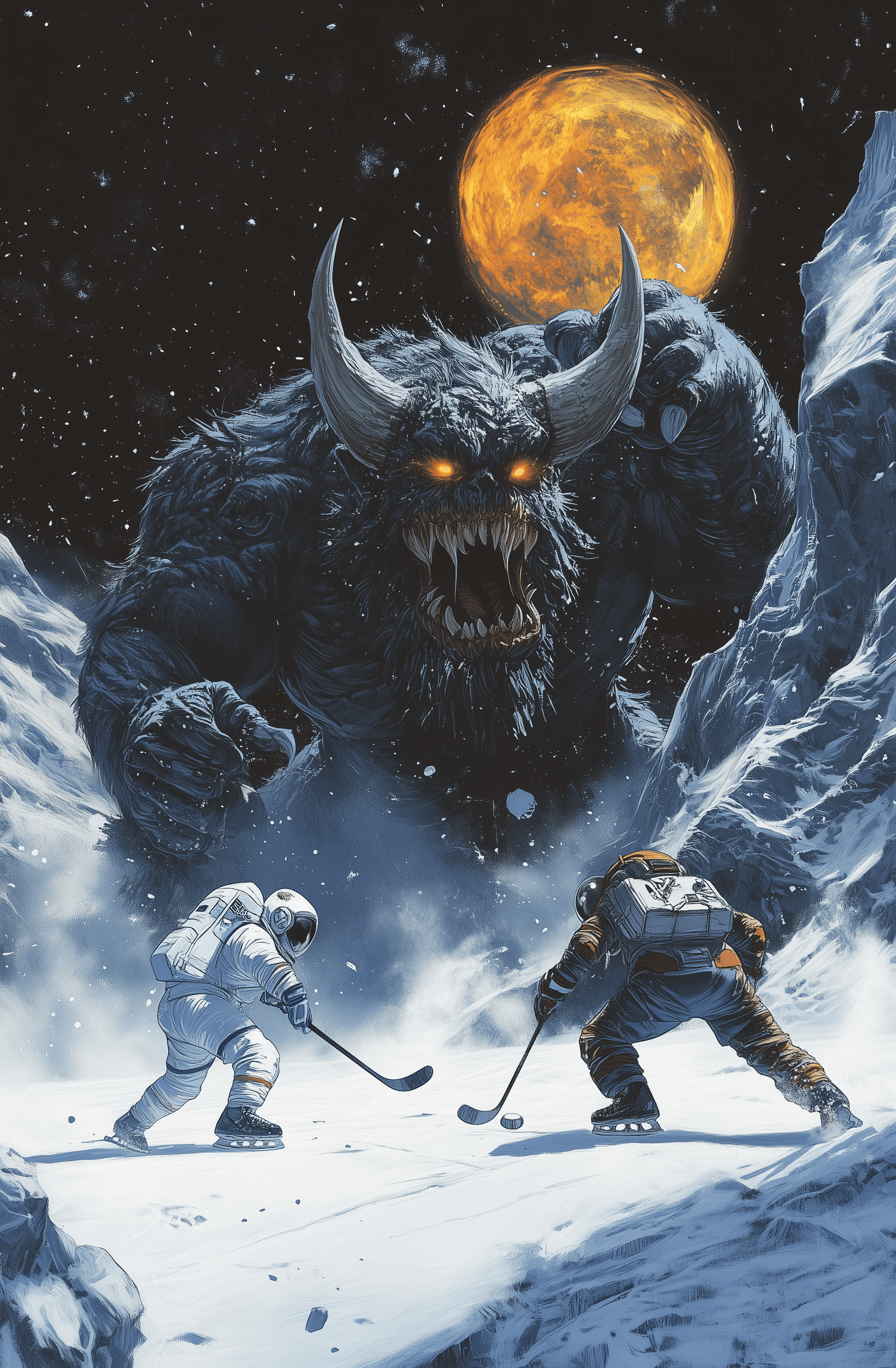 AI generated: Two monstrous creatures playing ice hockey on an icy planet. One creature is wearing white, and the ...