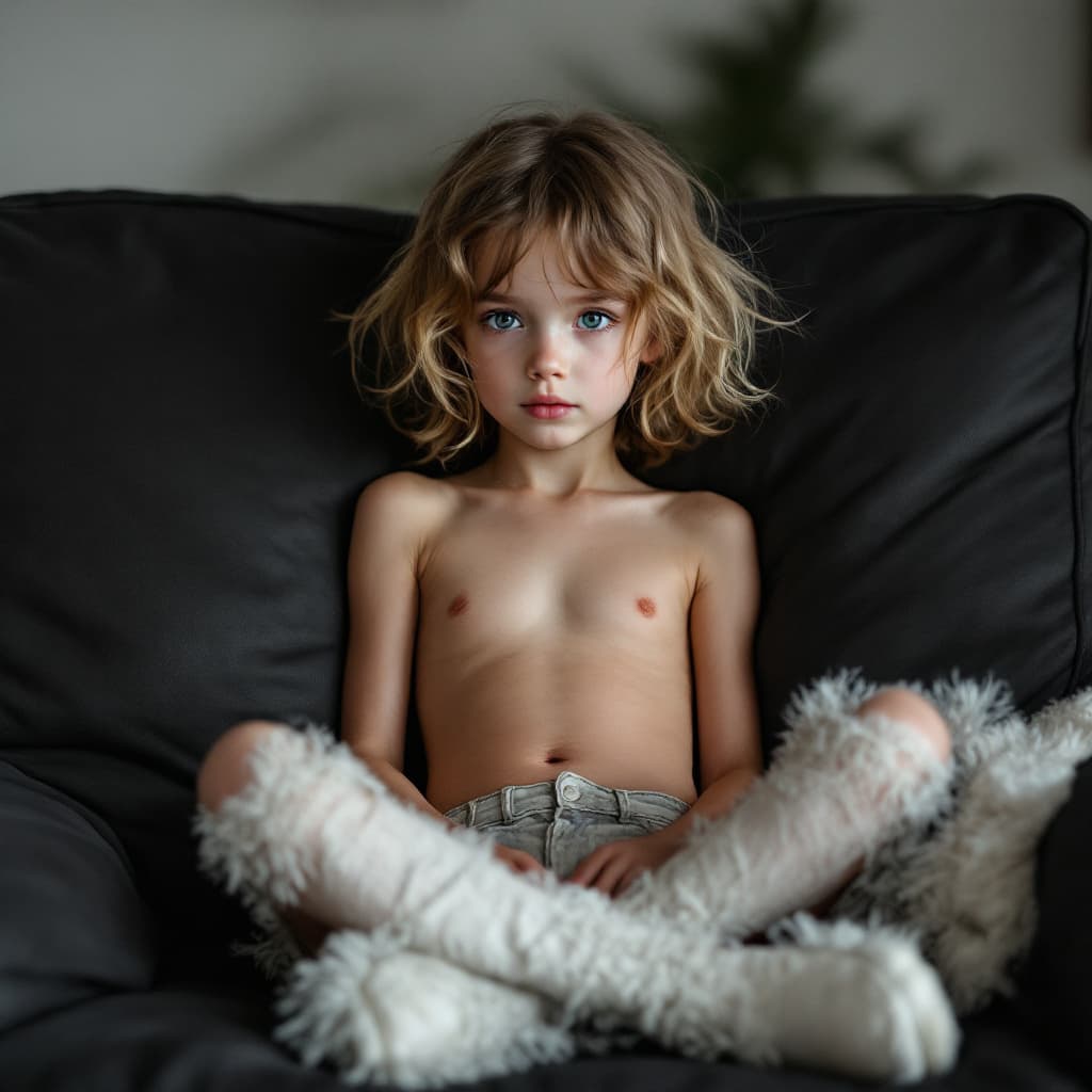 AI generated: skinny child girl model 12yo in a black sofa and white boots show his belly