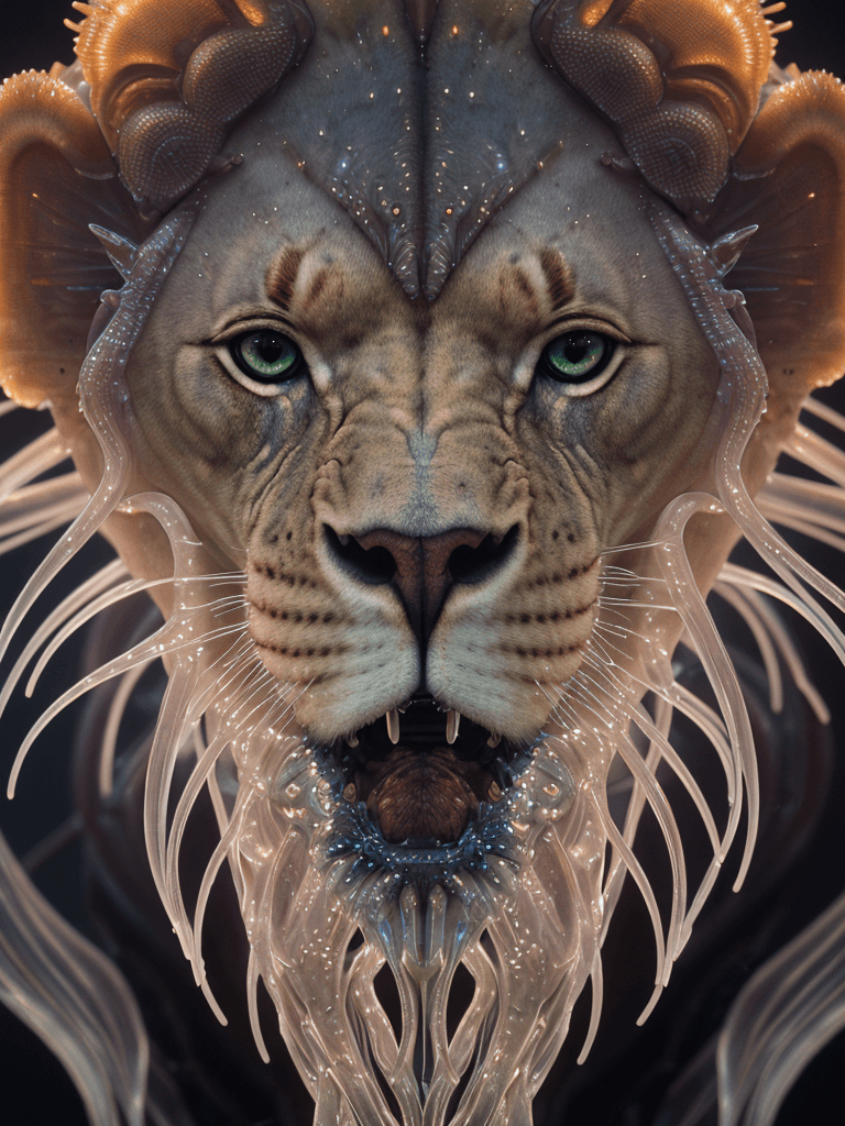 AI generated: lion close-up portrait ribcagel. jellyfish symmetrical head, bioluminiscent scriptures, intricate ar...