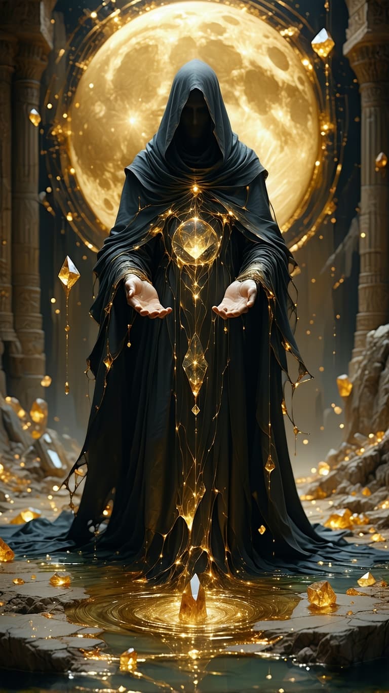AI generated: A regal figure, cloaked in a liquid gold mantle, clutches **four crystalline pentacles**, their fing...