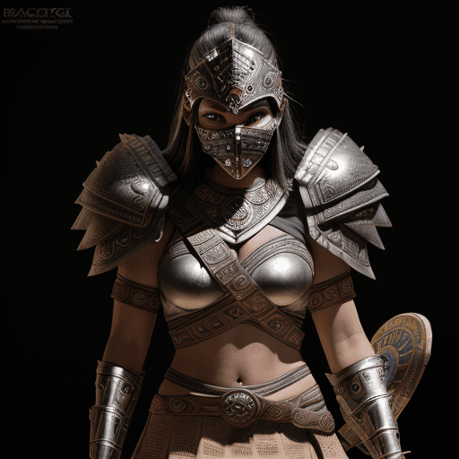 AI generated: female Aztec warrior, wearing a full battle face mask, helm, finely detailed armor, holding Obsidian...