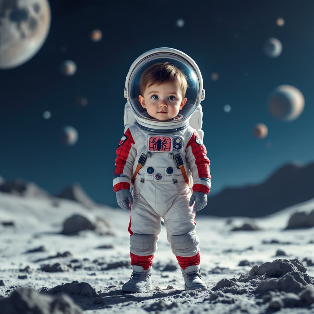 AI generated: "A realistic and high-quality image of a 3-4 year old child wearing a Spider-Man themed astronaut su...
