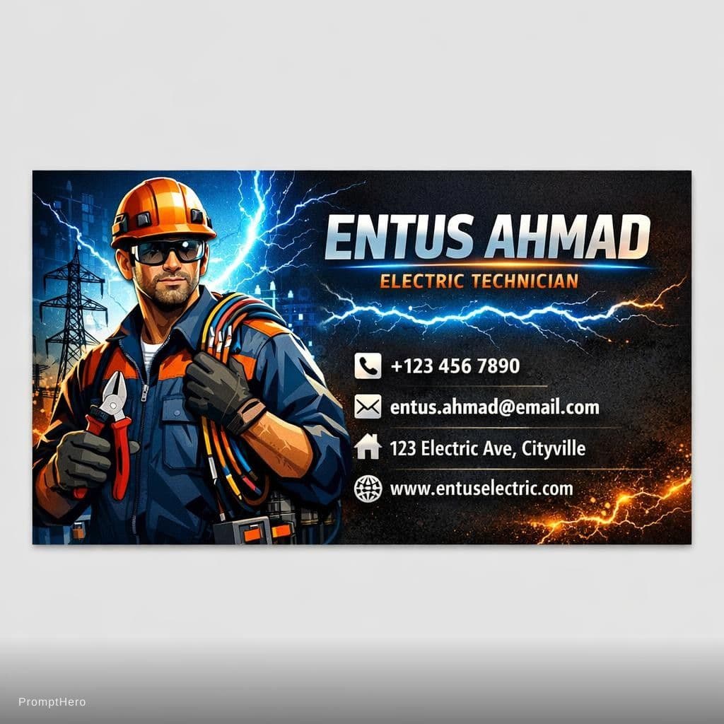 AI generated: Create a business card for personal electric Technician  named ENTUS AHMAD with a related theme
