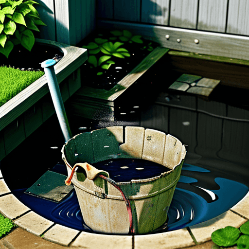 AI generated: A garden bucket with a hole at the bottom, sitting on a step, with a puddle of water coming from the...