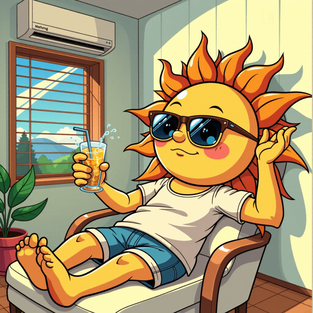 AI generated: A playful, personified sun, depicted with oversized sunglasses, reclines comfortably in a brightly l...