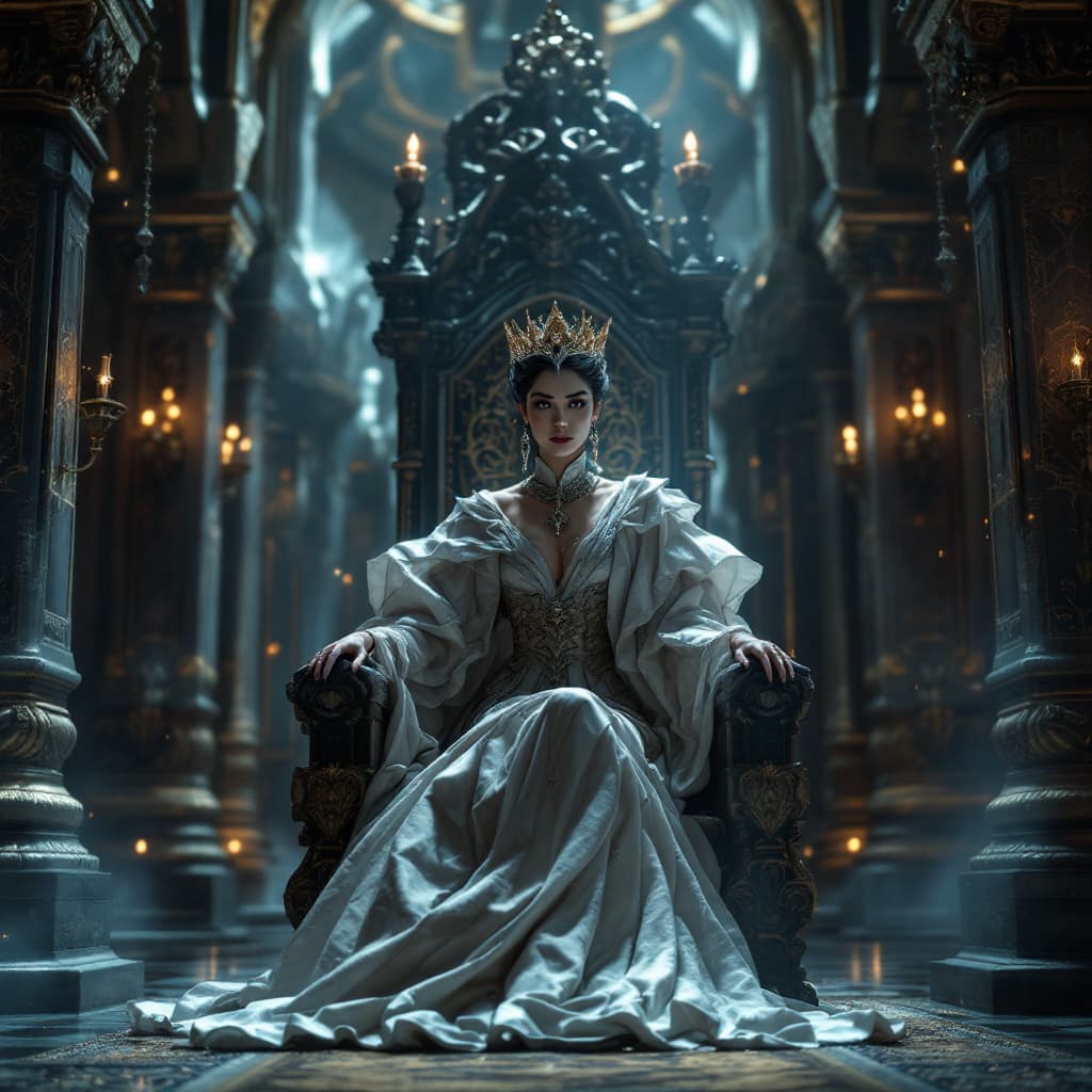AI generated: A very beautiful queen standing in the throne room intricate details, dramatic lighting, hyperrealis...