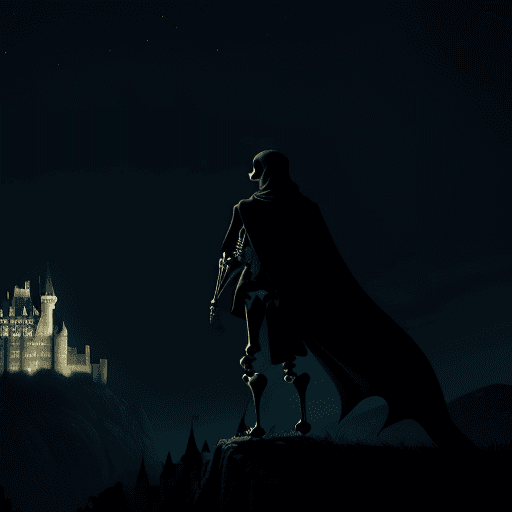 AI generated: skeleton using cape in the dark night and castle in background