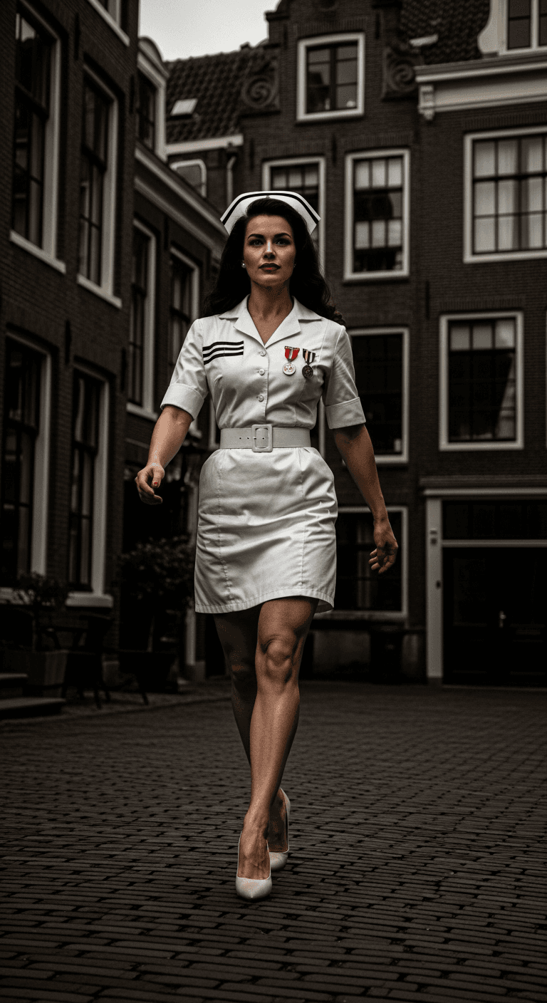 AI generated: Stunning female officer walks in 1930 on the street of Amsterdam