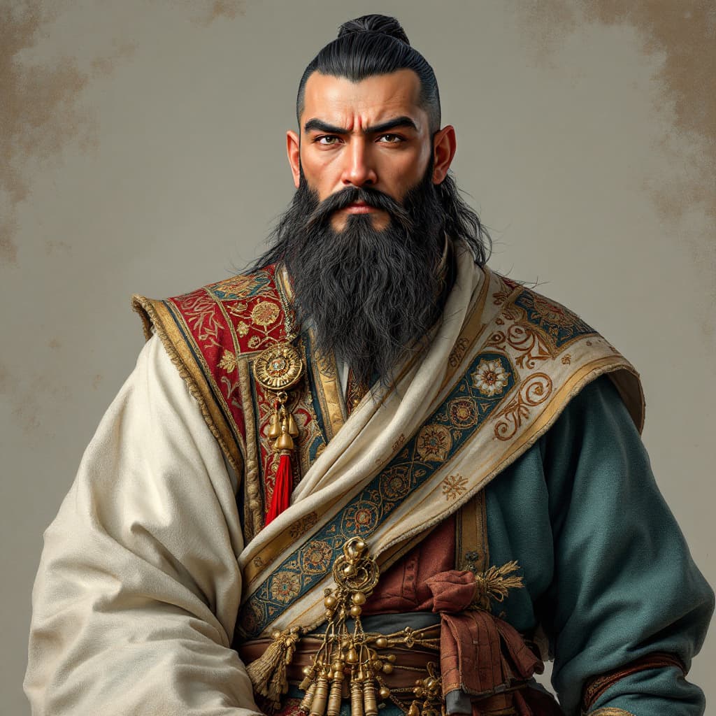 AI generated: cartoon portrait of Ablai Khan, traditional Kazakh clothes, soft colors, upper body, detailed clothe...