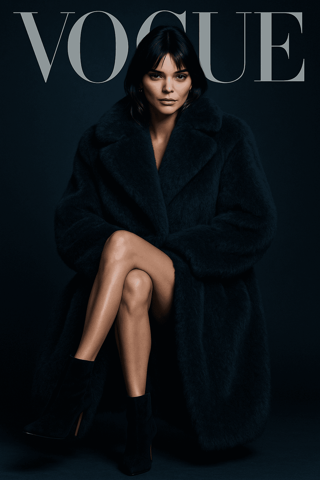 AI generated: Foto de portada de la revista Vogue: una modelo de alta costura Kendall Jenner , sentada con segurid...