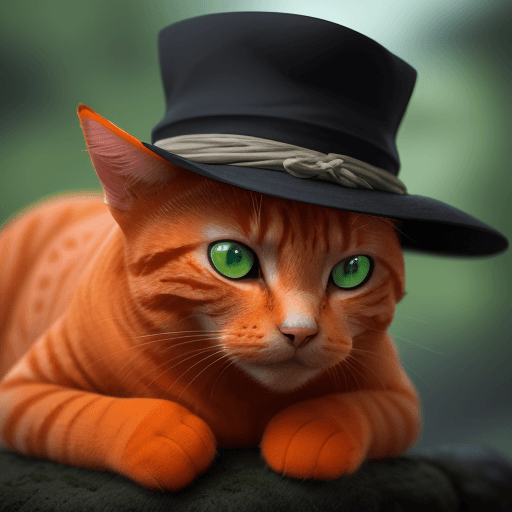 AI generated: orange cat, green eyes,hat, day, hayao miyazaki style, 8k, hd, contour light, high contrast, depth o...