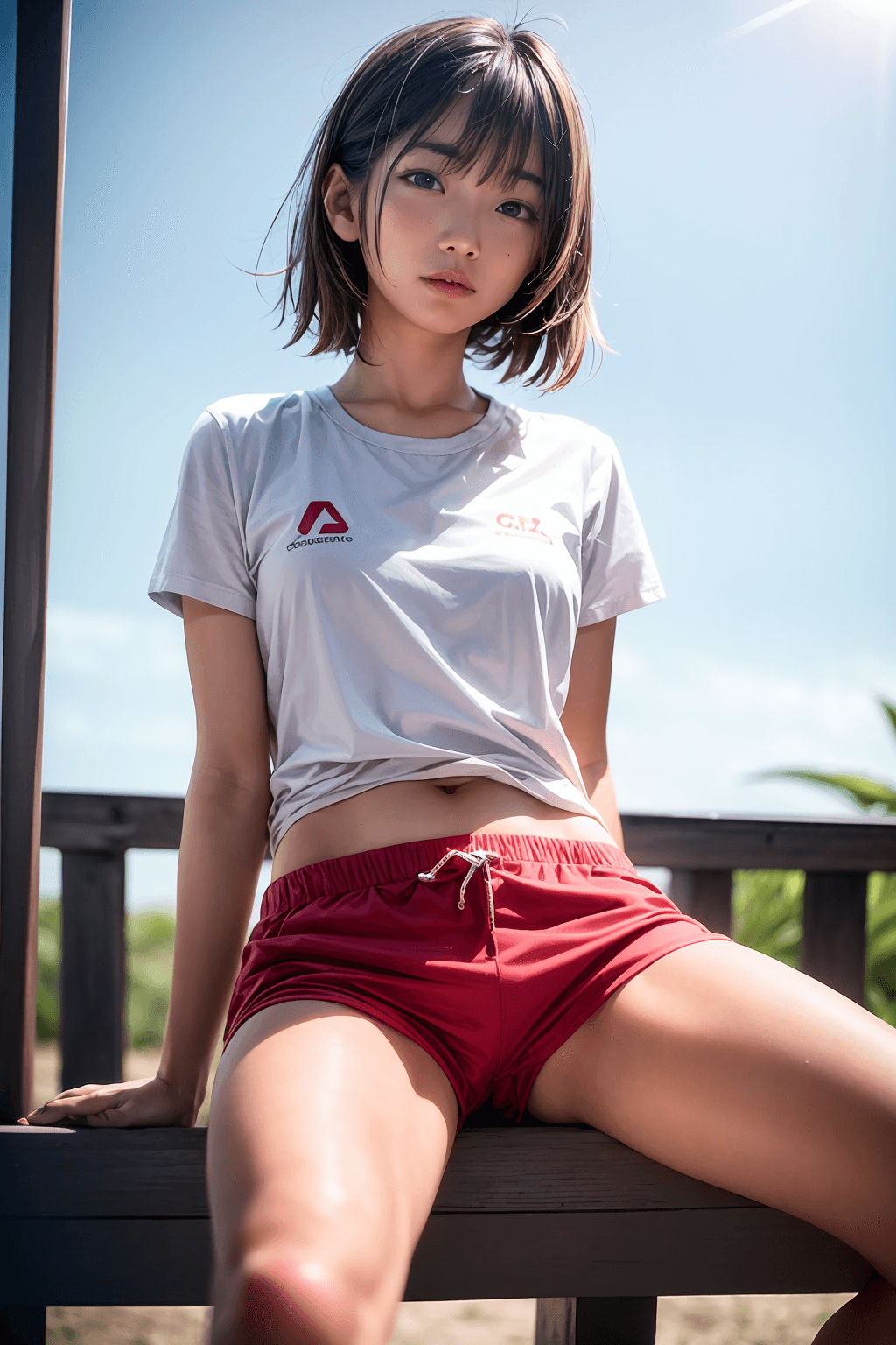 AI generated: (Asian girl as a lifeguard, sitting in the sun, lifeguard tower, plain white shirt, red shorts), 8k,...