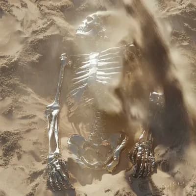 AI generated video: Chromed skeleton gets covered by sand in the desert
