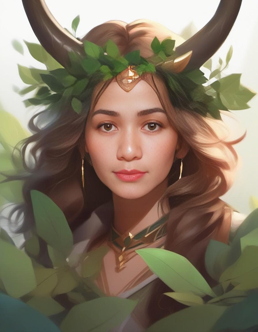 AI generated: blond haired girl with horns and green leaves on her head, detailed digital anime art, loish and wlo...