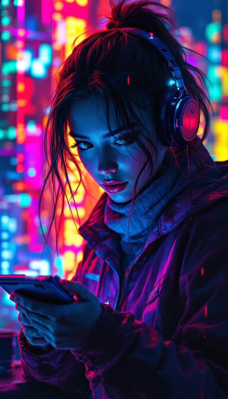 AI generated: Cyberpunk Illustration, Neon Colors, Glitched Textures, Dystopian, Woman Holding a Datapad Hacking, ...