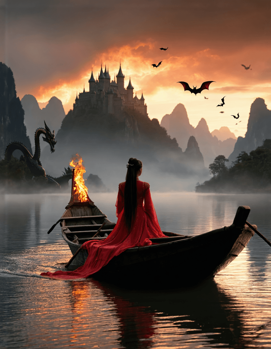 AI generated: In this fantastical scene, we see a woman dressed in an elegant gown seated at the stern of a small ...