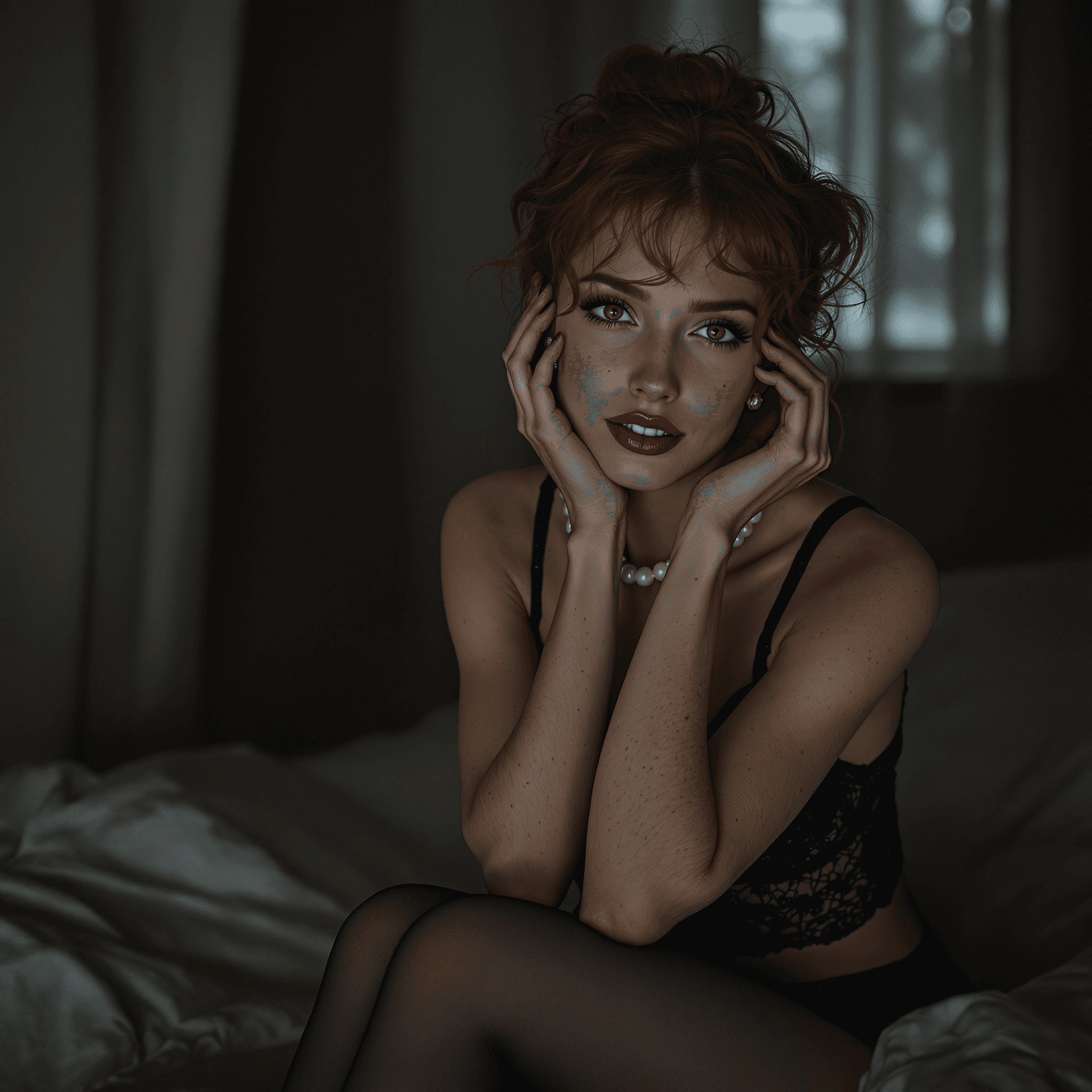 AI generated: High-resolution night photograph of a slender, 40-year-old redheaded European woman, her presence ex...
