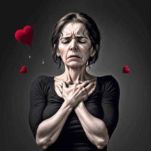 AI generated: Create an image that captures the intensity of the emotional pain of a mature woman who is strugglin...