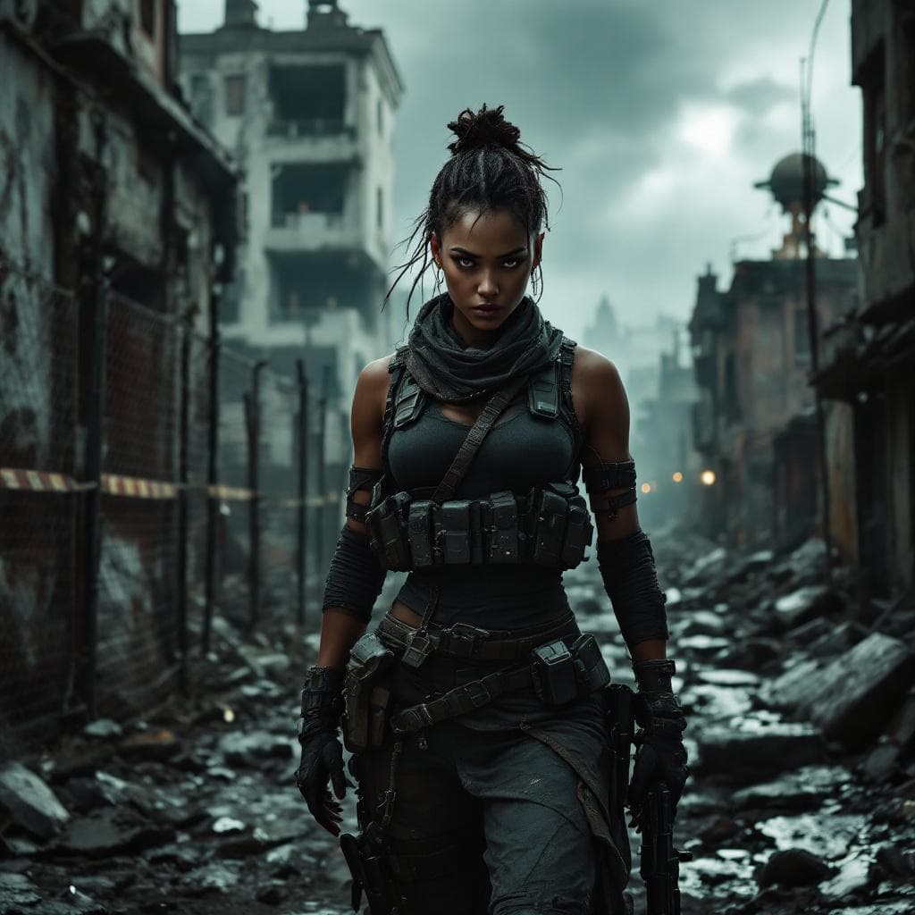 AI generated: : A photorealistic African image of a female warrior in a destroyed metropolis. She wears detailed t...
