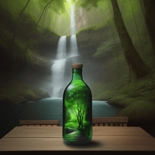 AI generated: There is a bottle on the table, and in the bottle is a forest with a waterfall.
