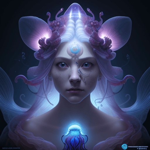 AI generated: Goddess close-up portrait ribcagel. jellyfish phoenix head, nautilus, orchid, skull, betta fish, bio...