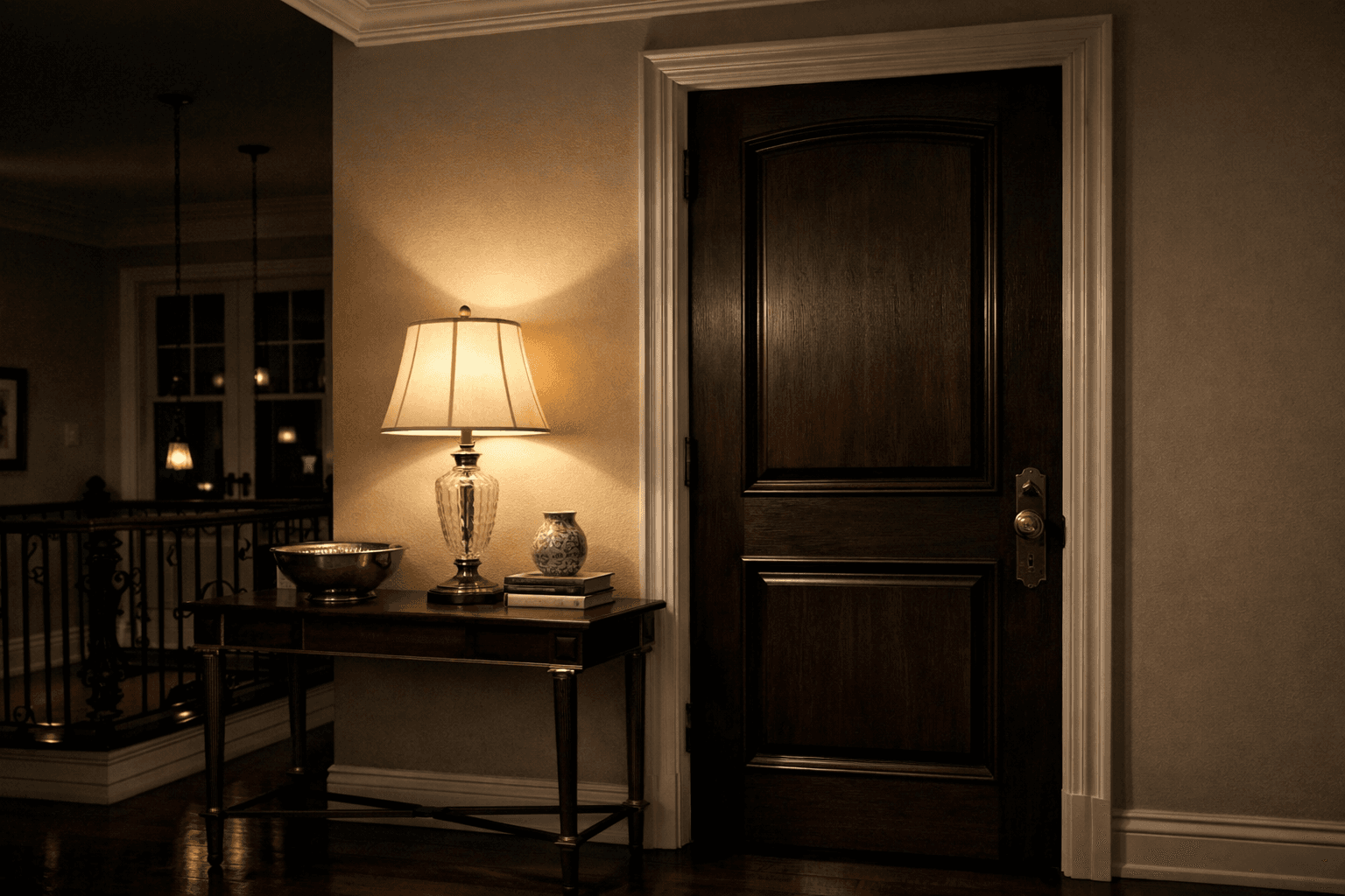 AI generated: At night at a beautiful and luxurious house, on the second floor.

The view is the outside of a bedr...