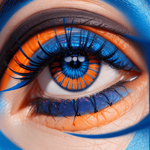 AI generated: ojo hiperrealista con color de collarete pupilar naranja y color de iris azul claro, pestañas estili...