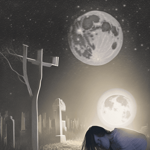 AI generated:  [full moon], [photographic], realistic, [hyper realistic], [a woman crying nearly the grave and a s...