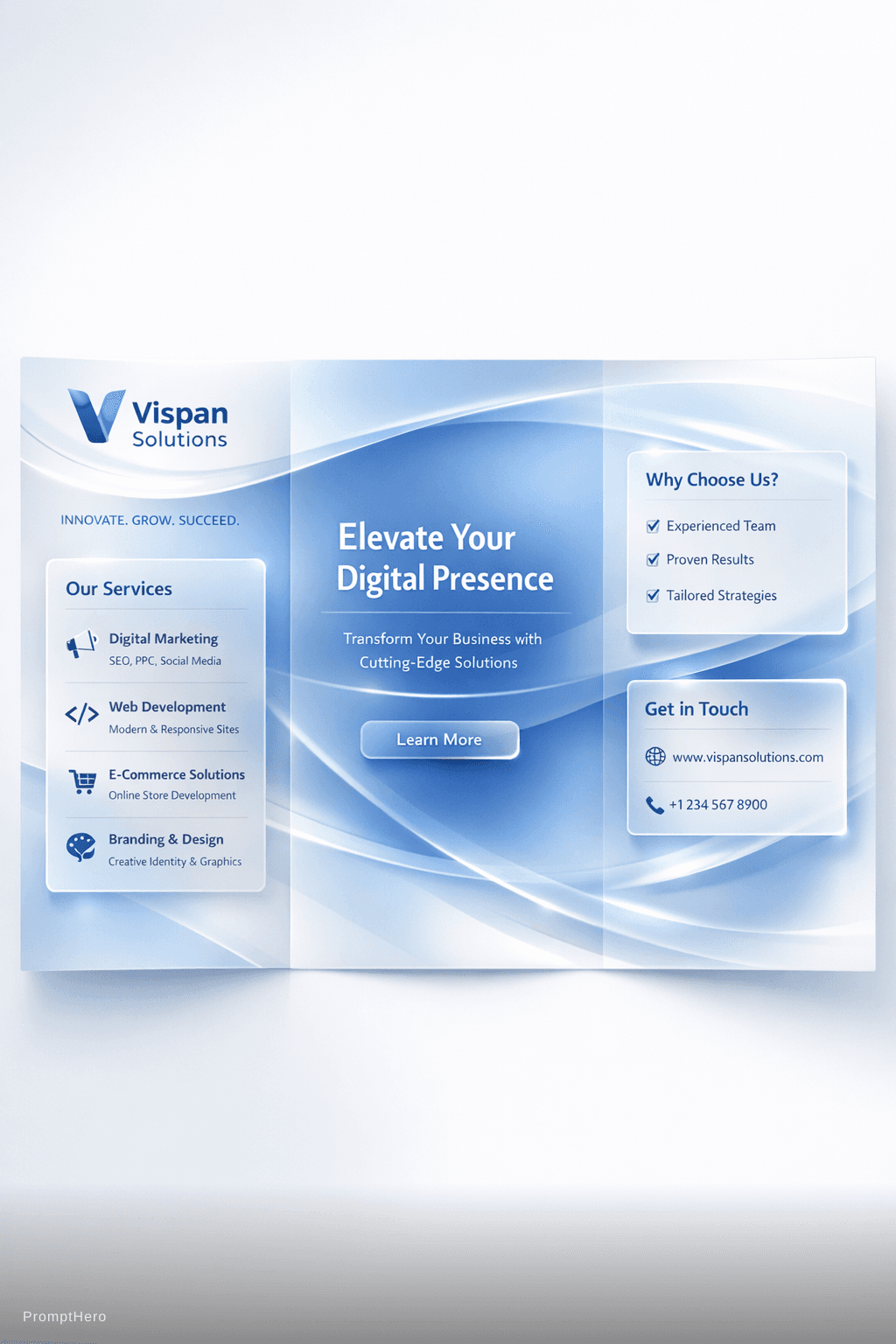 AI generated: Premium glassmorphism brochure design for Vispan Solutions, blue and white translucent aesthetic, fr...
