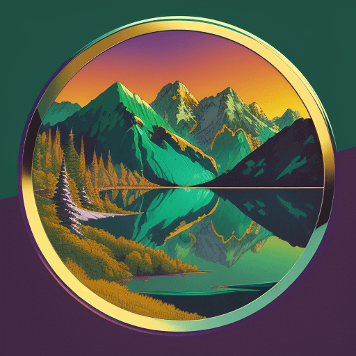 AI generated: 80s chrome and steel Retro Sunset, Mountain Lake scene, green, gold, illustration, inspired by James...