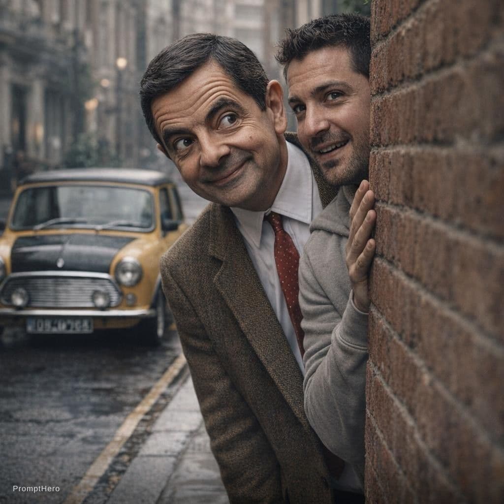 AI generated: Ultra photorealistic cinematic street scene in London, two men playfully peeking from behind a textu...