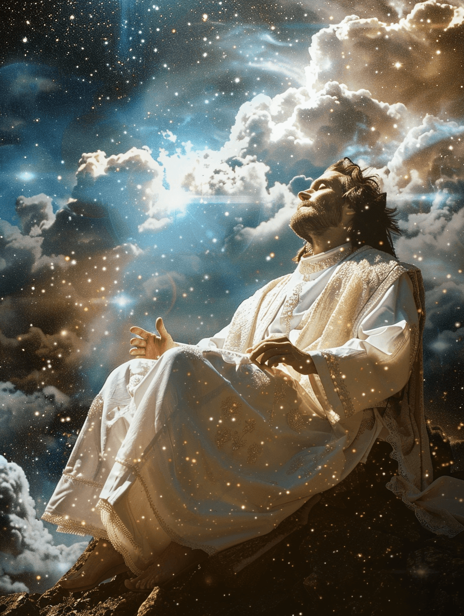 AI generated: He is seated on the sublime throne, Angels and Elders saying: Holy Holy Holy, His eyes are shining, ...