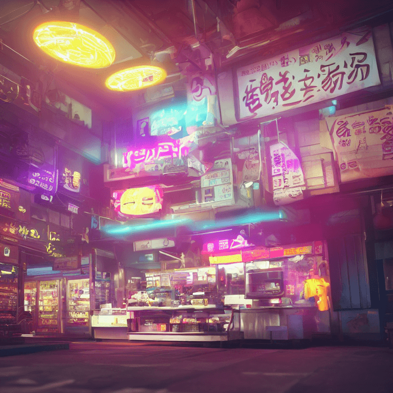 AI generated: futuristic tempura food, night, japanese, neon light, volumetric smoke, volumetric light, octane ren...