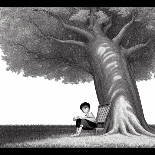 AI generated: comic style black and white drawing of boy under tree
