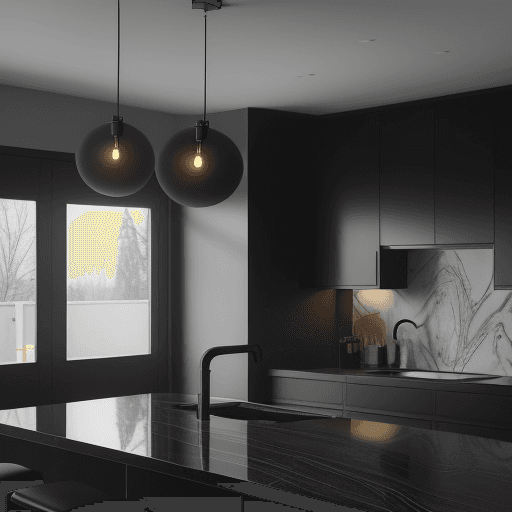 AI generated: modern kitchen, sleek matte black finishes, with a black steel and warm grey marble, EF 24mm f/1.4L ...