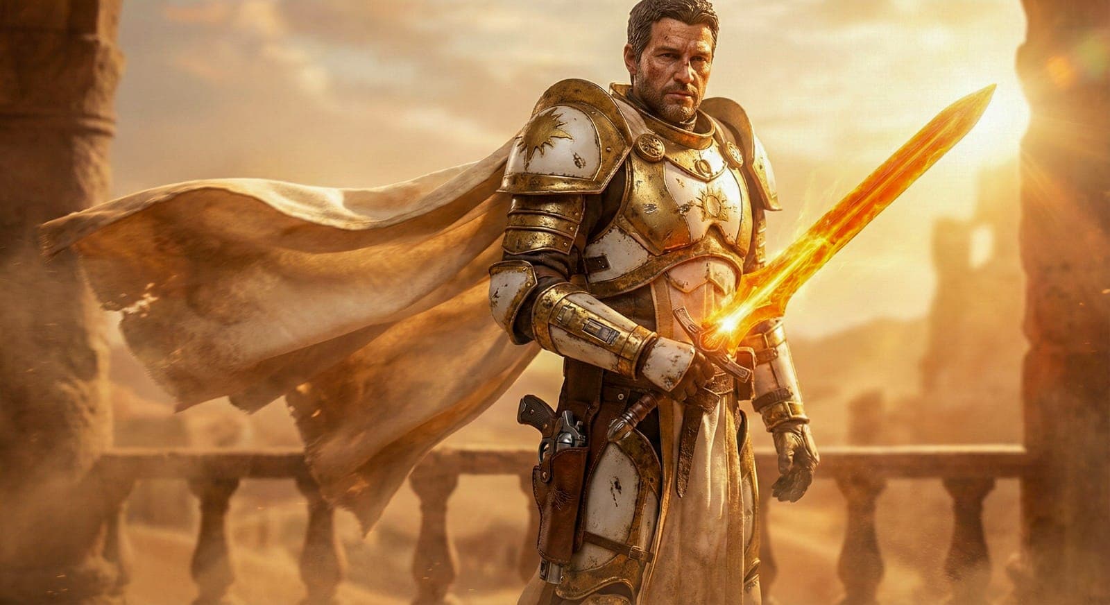 AI generated: Photoreal 8K rendering of a male solar paladin with radiant gold-white armor, sword glowing like com...