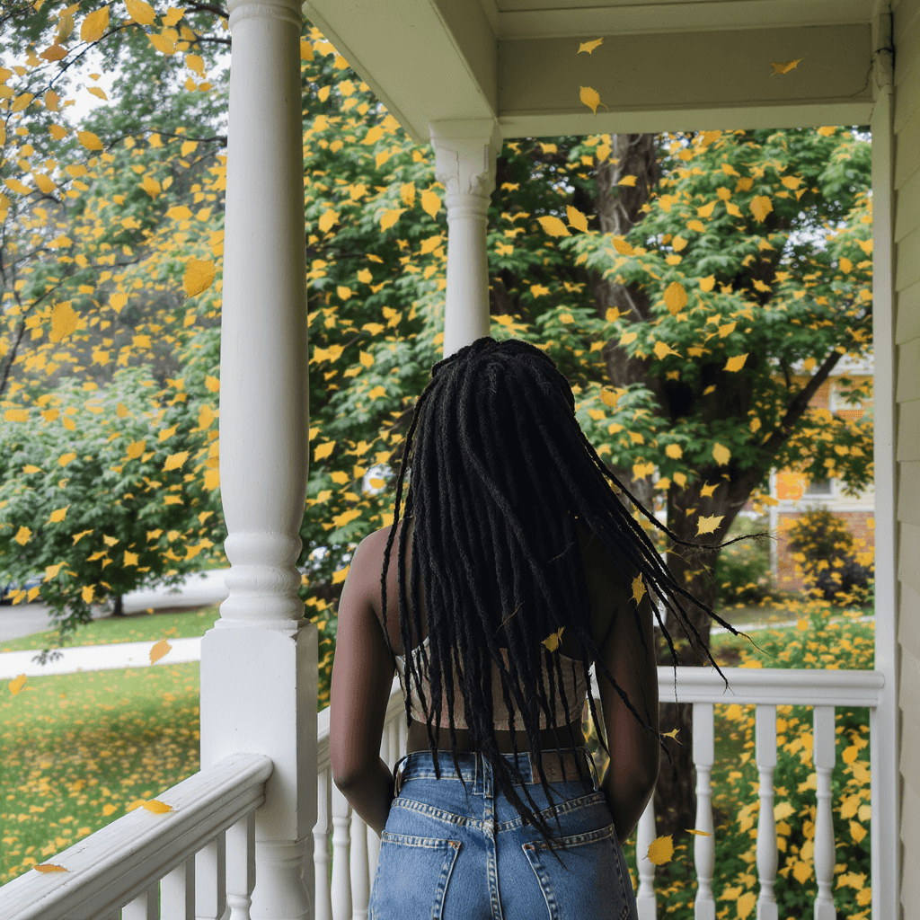 AI generated: full body view of an african american young lady with long locs standing on her porch watching the l...