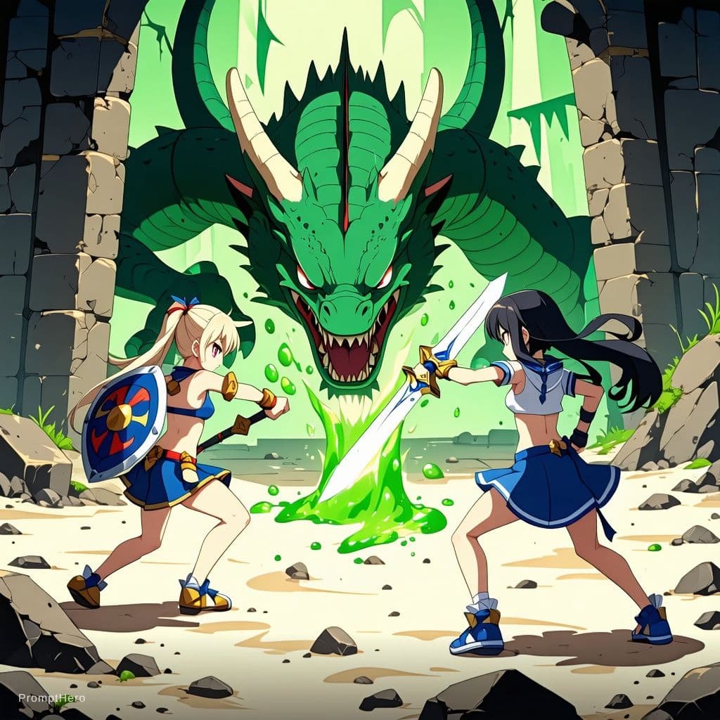 AI generated: anime Demihuman girls in bikini and leotards fighting a slime dragon in a dungeon with sword and shi...