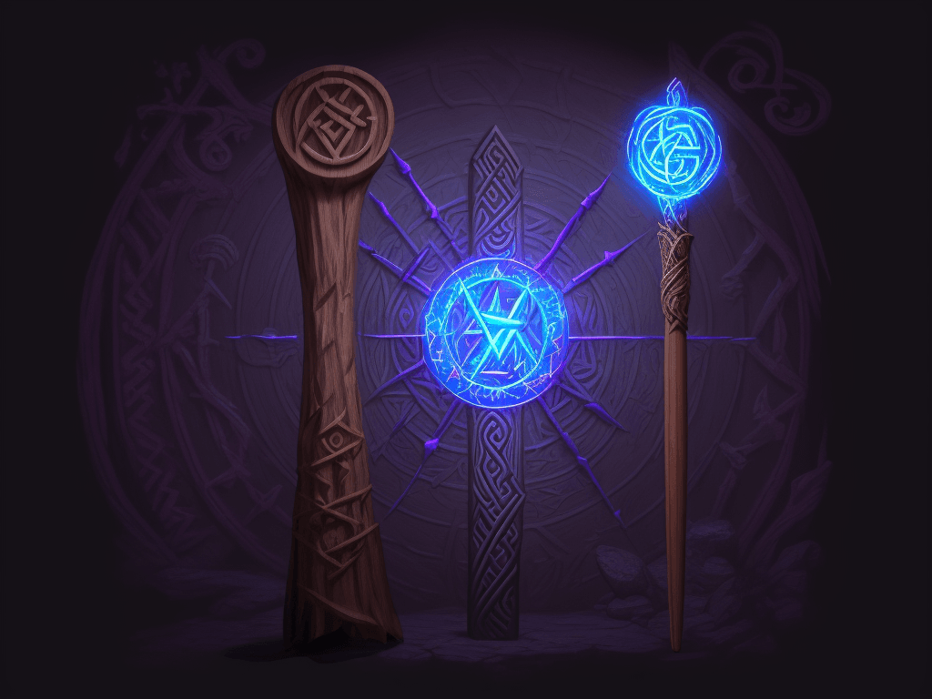 AI generated: wizard magic staff, A wooden staff with runes and carvings crawling across its handle::2. 5 Artstati...