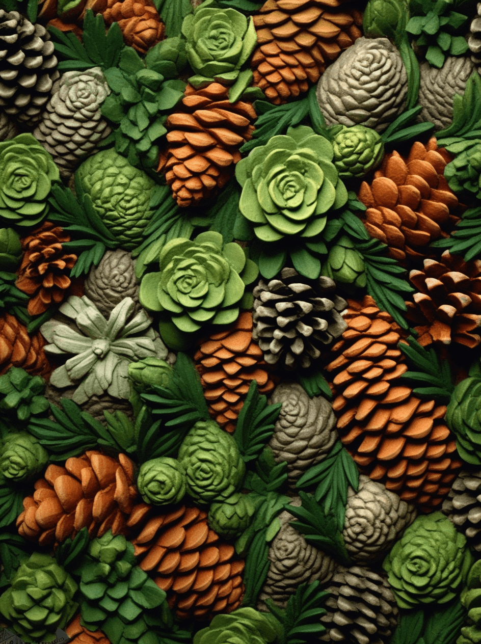 AI generated: pine cones and pine trees on a bed of green leaves, in the style of video installation, flower patte...